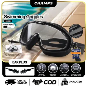 CHAMPS Swimming Goggles CH-301 – Kacamata Renang Sport Anti Fog Kabut Adjustable Elastis Anti UV Big Frame + Ear Plug