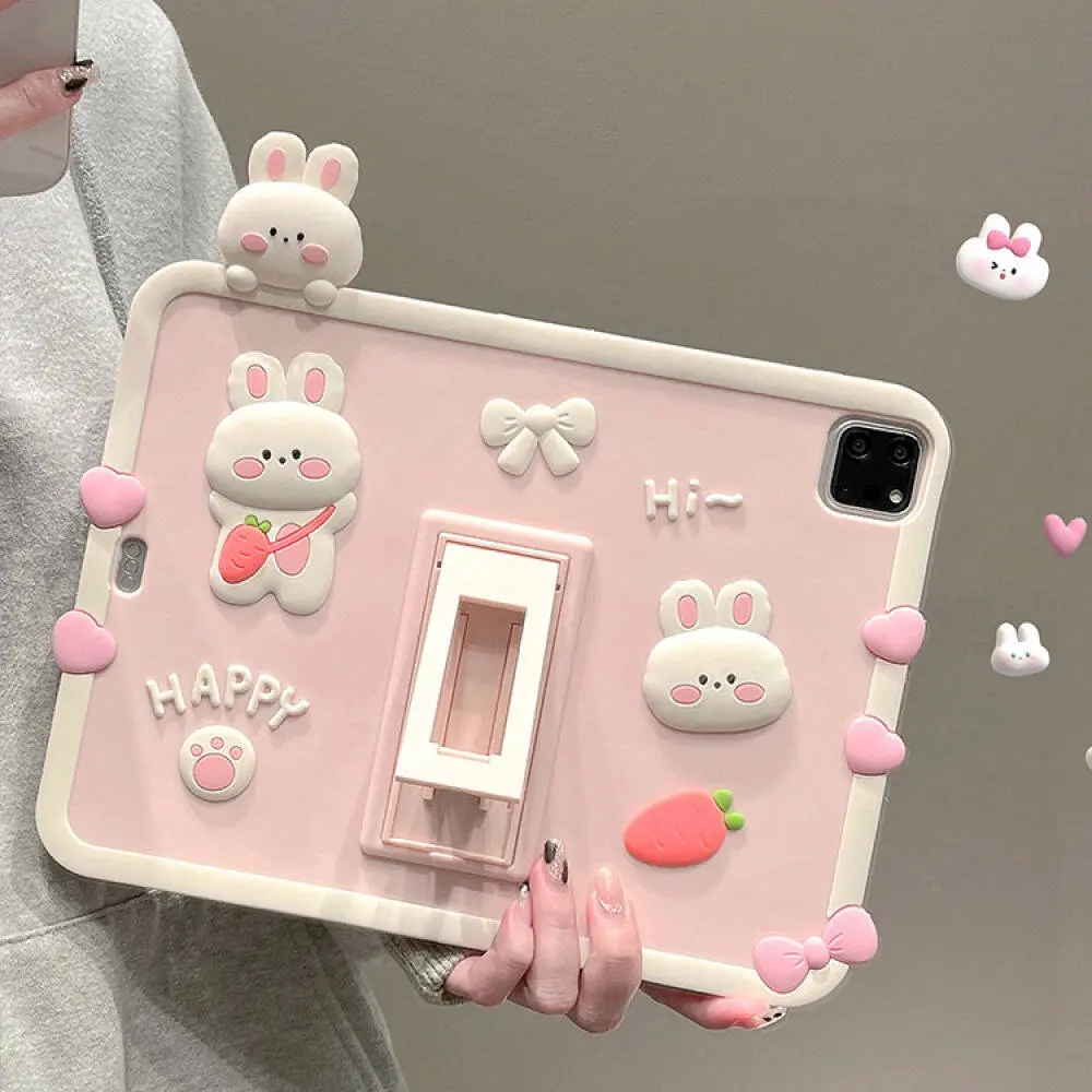 3D Cute Rabbit Soft Silicone Tablet Case With Folding Holder Bracke For iPad Computer Covers