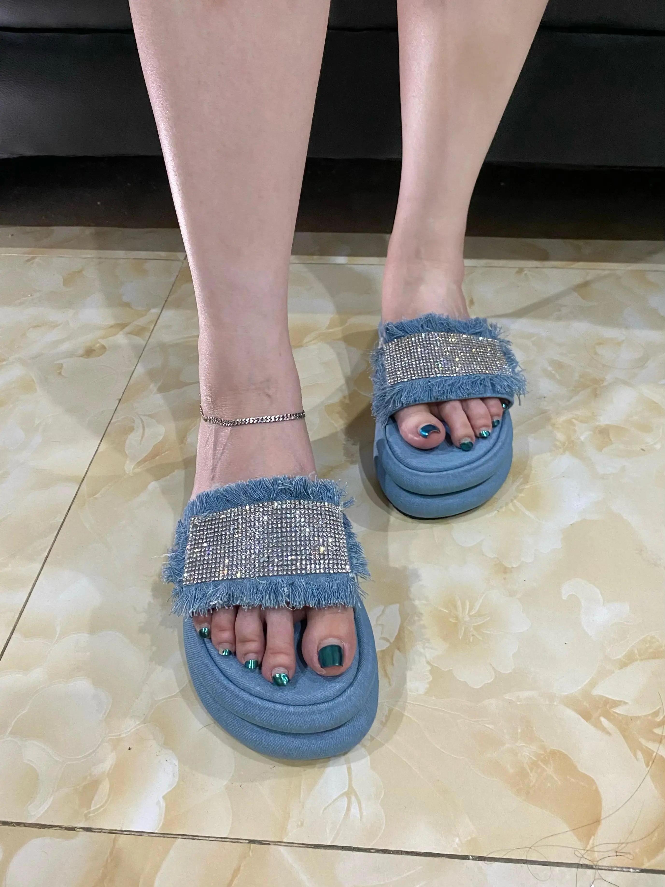 BB Yuki - Sandal Wedges Platform Wanita Denim - Shoes Karet