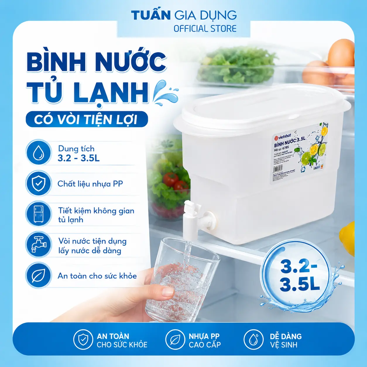 Bình đựng nước có vòi 3.2L tới 3.5L Việt Nhật 6785 để tủ lạnh chịu nhiệt tốt