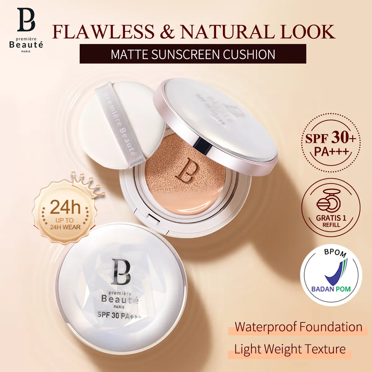 Premiere BeauteSunscreen Cushion SPF 30 PA+++ HighCoverage Poreless&Flawless Foundation24H Long-lasting CushionRefil