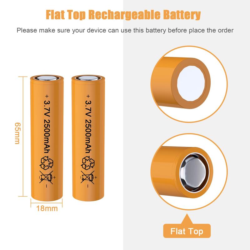 3.7 Volt Rechargeable Battery Flat Top, 25A Higher Discharge Power Battery, Flat Top 2500mAh Battery High Energy for Headlamp, LED Flashlight, Solar Light, Electronic Devices etc(2 Pack+Box) 7