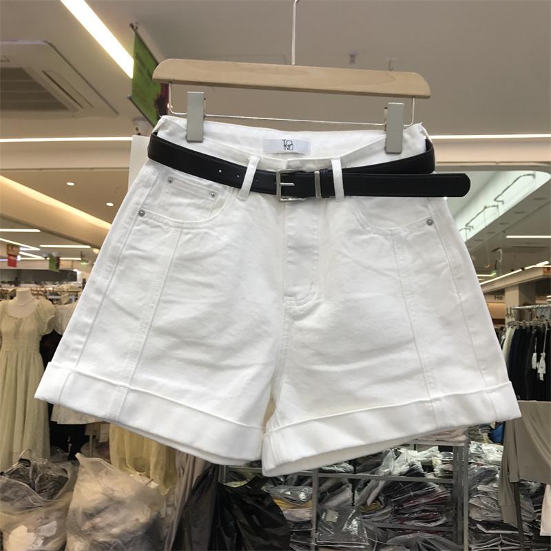 Không Kèm Đai Quần short nữ quần đùi jean ống xắn gấu cạp cao dáng A vải bò dày dặn màu xanh trắng S13