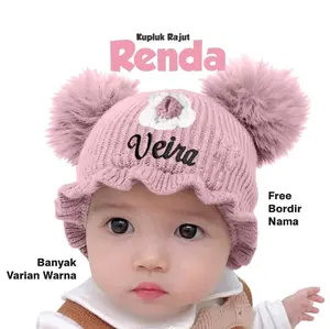 Kupluk Rajut Bayi Pompom Renda Motif Bunga - Free Bordir Nama Suka Suka - Hitam, Biru Merah Perempuan