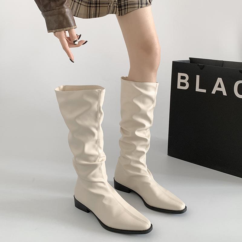  Bốt Thời Trang JINxCHOY SHOES Phong Cách Hàn Quốc Mũi Nhọn Đế Thấp Cổ Cao Chất Liệu PU Co Giãn Và Thoáng Khí Bốt Hiệp Sĩ Độc Đáo SS24 Dành Cho Nữ 