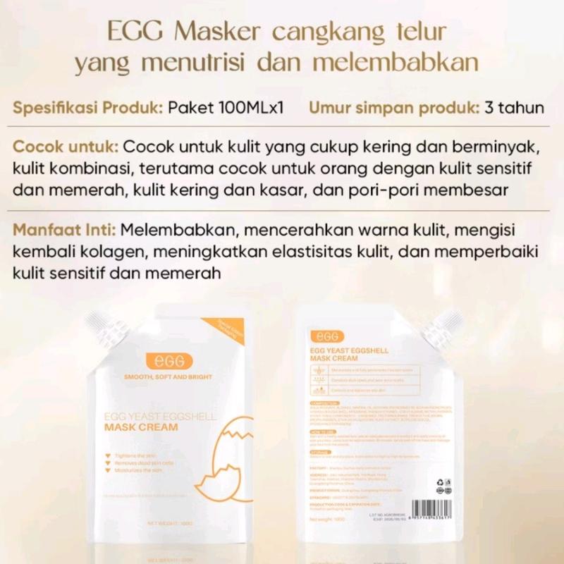 EGG YEAST EGGSHELL Mask Cream 100gr Face Masker Cangkang Telur Facial Krim Wajah Peel Off Kulit E.G.G Glam Glow Melembutkan Muka 3