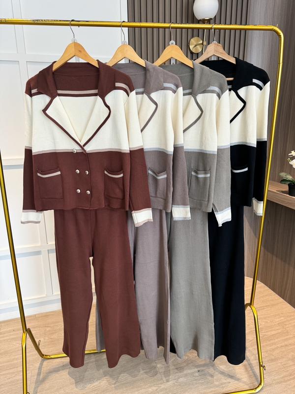 SET7462 Suit Style Blazer Top with Long Pants Knit Set 8