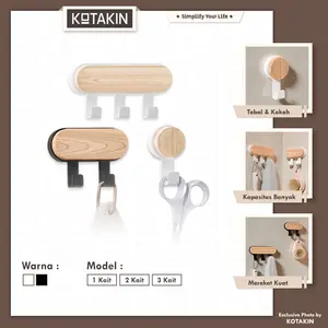 KOTAKIN Gantungan Tempel Dinding Model Kayu Serbaguna Wooden Hook Aestethic 1 2 3 Tipe Putih Hitam