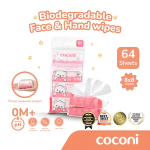 COCONI Biodegradable Face & Hand Baby Wipes | Tisu Basah Bayi Mini 64Sheets Travel Friendly