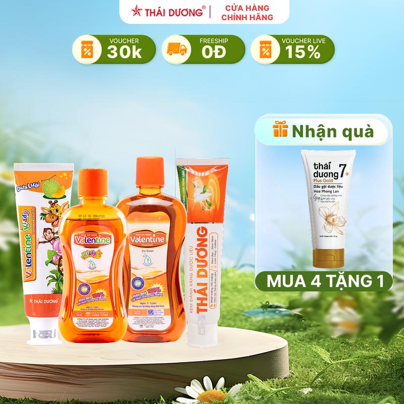 [COMBO] 01 Kem đánh răng (150g) + 01 Nước súc miệng Valentine (500ml) + 01  Kem đánh răng Valentine Kiddy (100g) + Nước súc miệng Valentine Kiddy (Chai 250ml)- Sao Thái Dương