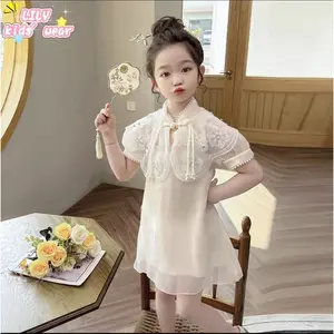 Lily 1-8 Tahun semi dan musim panas rok lengan gaun bordir anak-anak chitinggi （cm)ren's small fresh dresses bordir baru wanita versi Gaun sifon