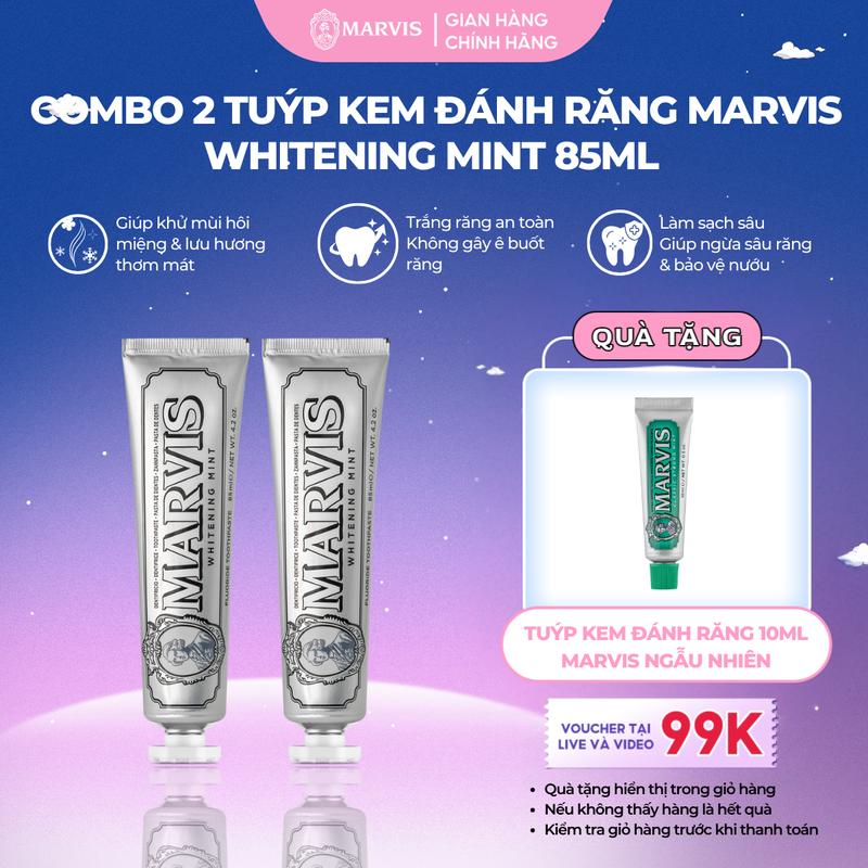 [Mua 2 nhận 3] Combo 2 Tuýp Kem Đánh Răng Marvis Whitening Mint Fullsize 85ml Hỗ Trợ Làm Trắng Răng Thơm Miệng Dài Lâu [IH]