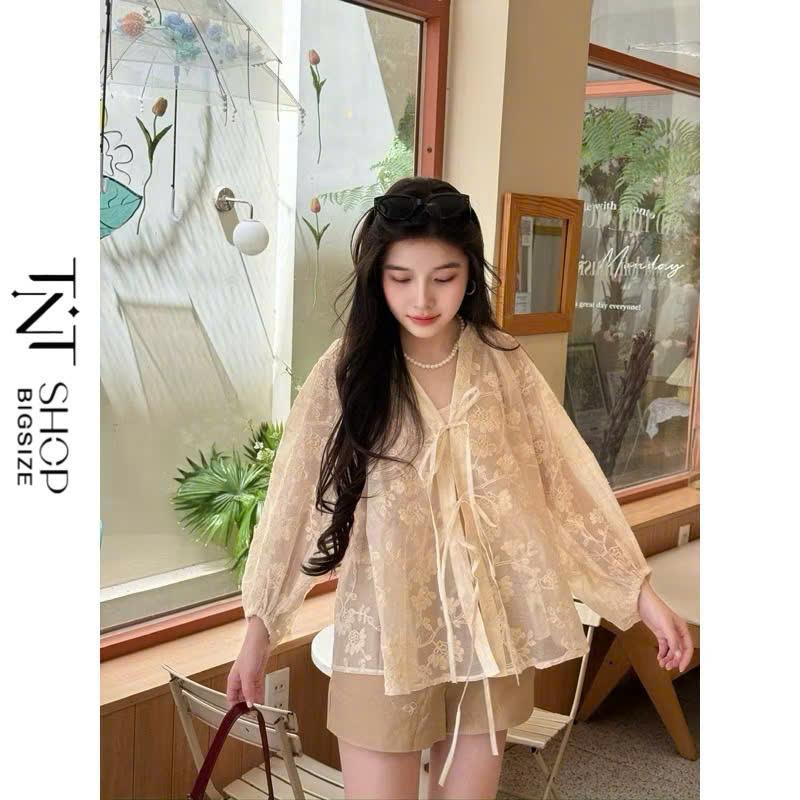 SET ĐỒ 3 MÓN BIGSIZE ÁO BABYDOLL REN HOA TAY PHỒNG KÈM QUẦN SHORT  [TNT SHOP BIGSIZE 60KG 90KG]