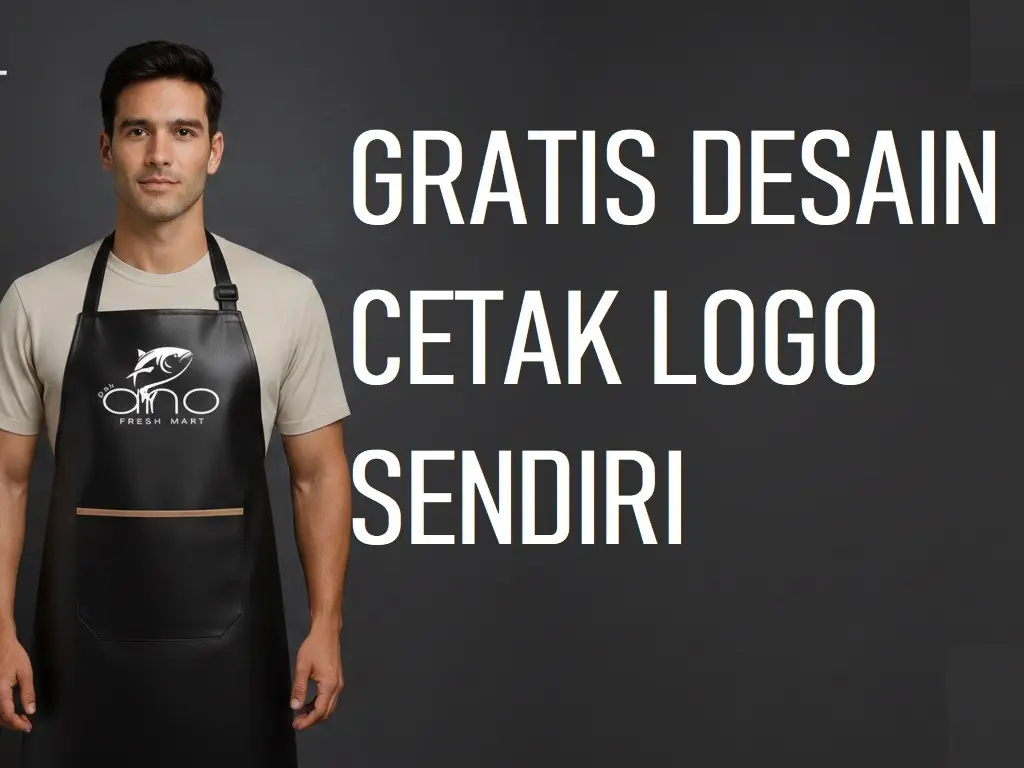 PAKET 3 PCS CELEMEK CUSTEM APRON COSTEM SIZE JUMBO LOGO SENDIRI Bahan Kain Kulit Sintetis Premium Anti Air & Minyak Tali Leher Adjustable Cocok untuk Masak Barista Pasar Rumah Sakit Laundry