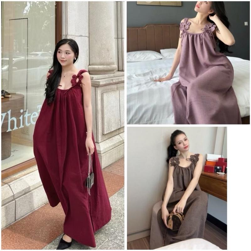  Váy maxi hai dây bản to phối hoa chất linen có túi hai bên thanh lịch sang chảnh - VPH 