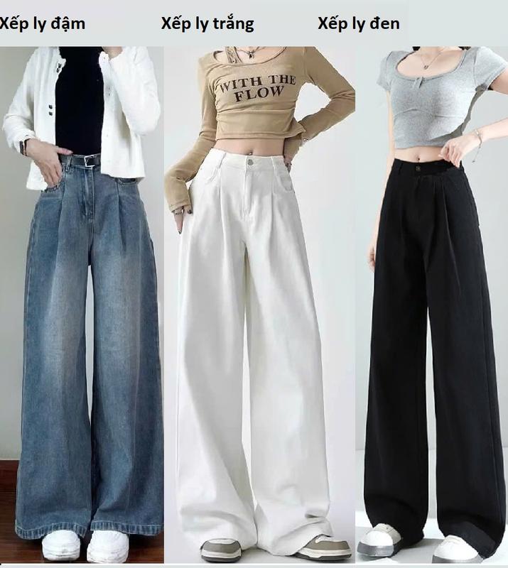 Quần jean bò xếp ly ống suông rộng nữ jeans cạp cao phong cách style MS02