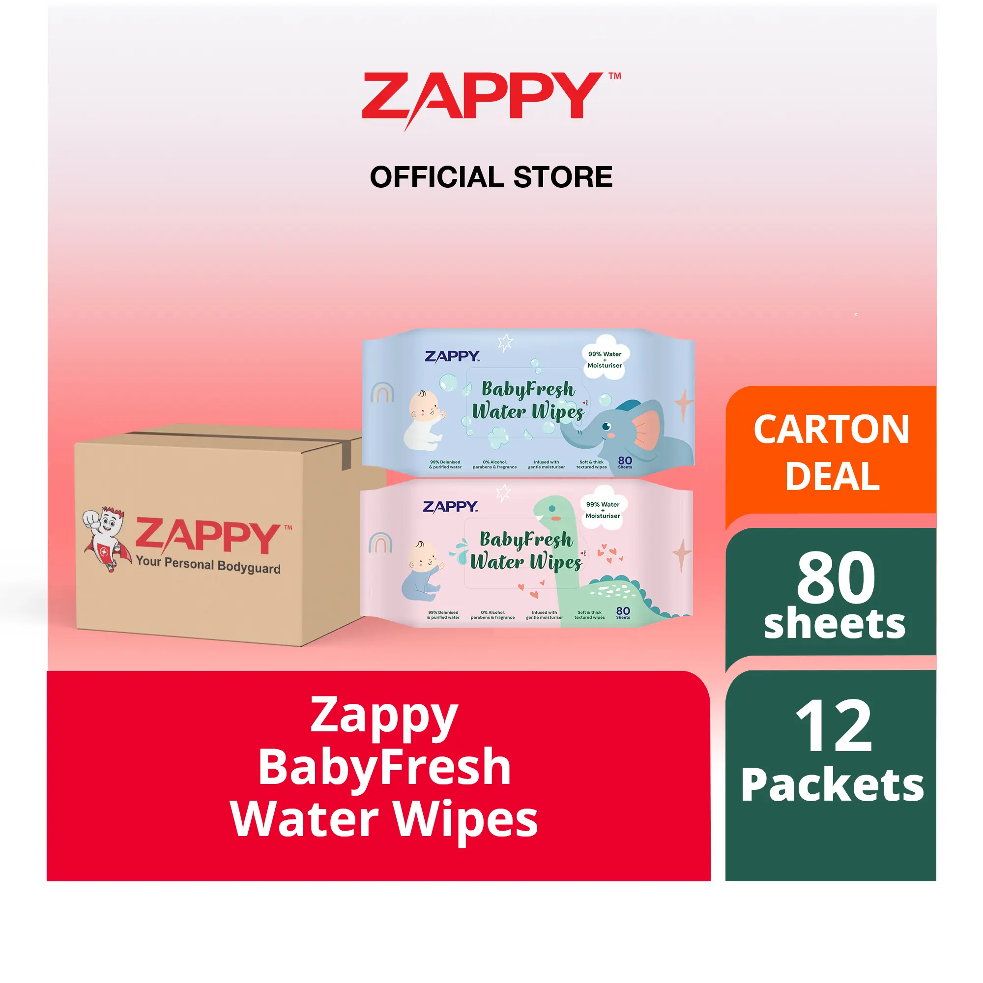 ZAPPY Water Wet Wipes 80 Sheets x 12 Packets/ 99% Pure Water Wipes