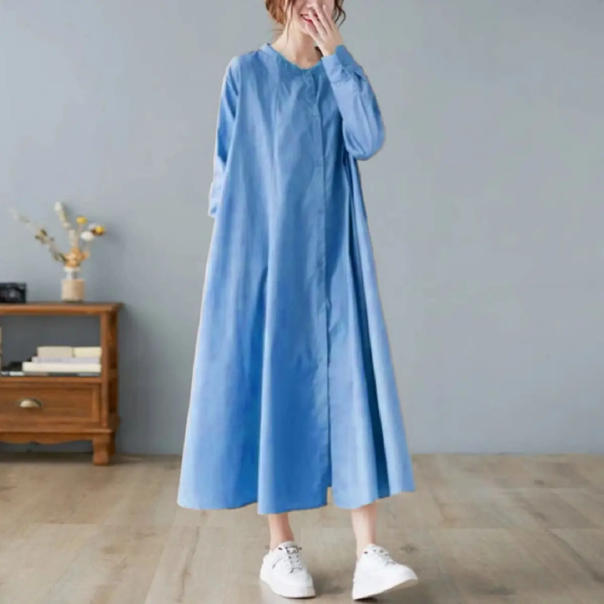 MADHARSHOP Olin Midi Dress Wanita Casual Baju Long Tunik Bahan Katun Linen Rami Simple Kancing Depan Busui Jumbo  Atasan Panjang