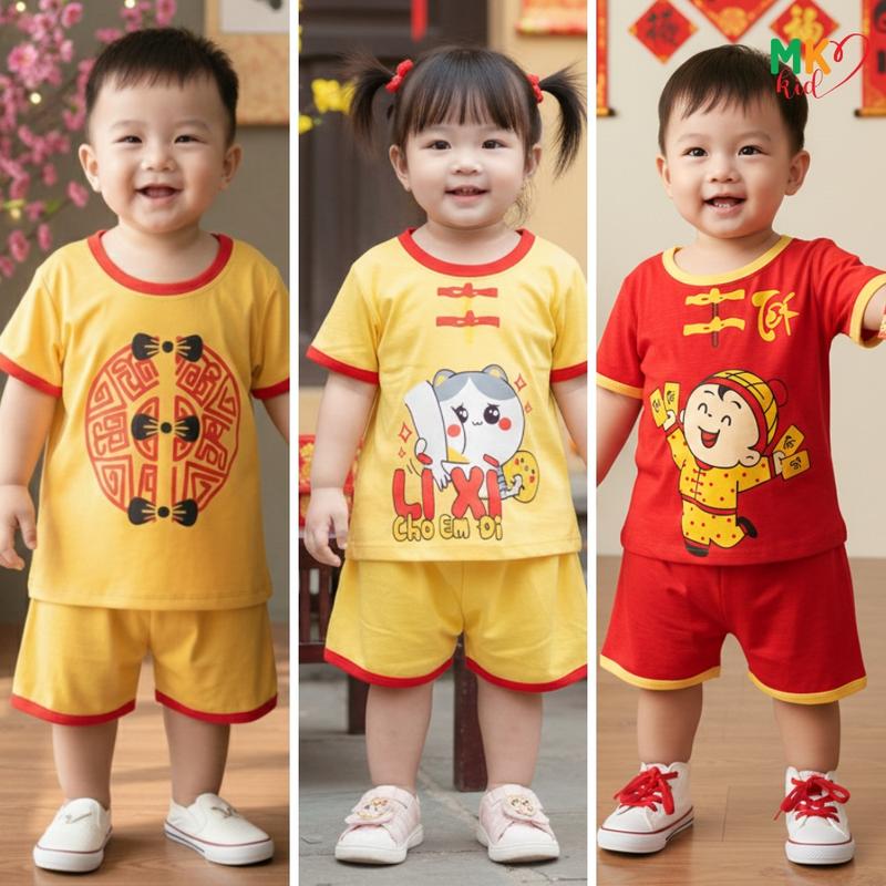 Set Quần Áo Cộc Tay Tết 2026 Cho Bé 8-30KG Cao Dưới 1M25 Bộ Đồ Tết cho Bé Trai Bé Gái Vải Thun Lạnh mềm mát cho bé Mặc Chơi Tết Mặc Ngủ Đi Học
