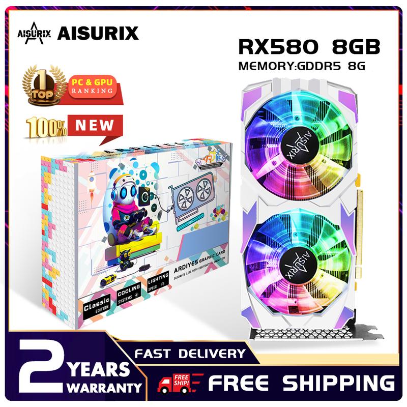 Card đồ họa phát sáng, AISURIX, VGA RGB RX 580 8GB, RAM DDR5 256Bit, 2048SP Versi E-Sports, Thích hợp để chơi game, có khả năng tương thích VGA, Xe hơi
