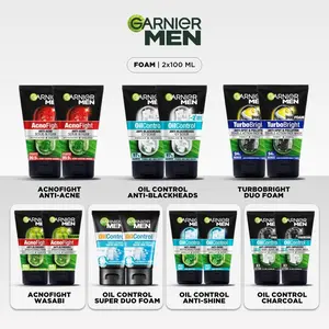 Garnier Men ISI 2 Facial Foam 100 ml (Acno Fight & Turbo Light) Twinpack - Sabun Cuci Muka Pria Mencerahkan Berjerawat Melembapkan Wajah Facial Cleanser