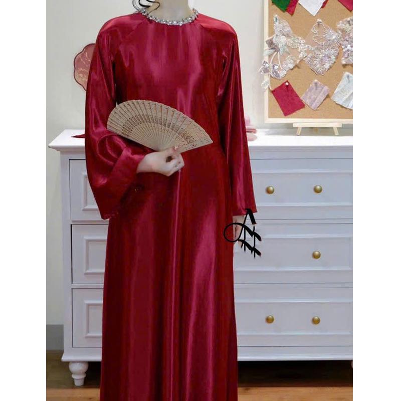 Áo dài Giang Minh form suông chất liệu luạ tráng gương kết  cổ