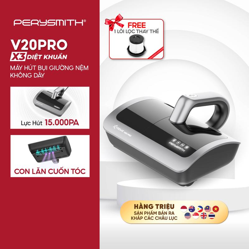  PerySmith V20Pro Máy Hút Bụi Giường Nệm Không Dây 15000PA Hút Tóc Lông Thú Cưng Có Đèn UV Diệt Khuẩn Tặng Lõi Lọc HEPA Bảo Hành 1 Năm 