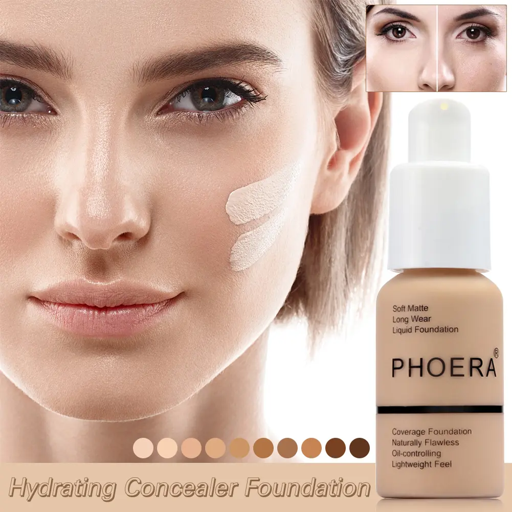 PHOERA 10 Colors Liquid Foundation Full Coverage Concealer Whitening Facial Makeup Base Concealer Cream