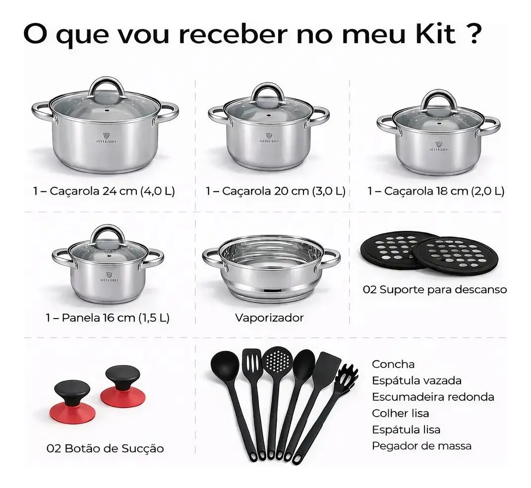 Kits/Jogos De Panelas Alemã Genebra 19 Peças Aço Inoxidável Luxo Prata/inox 2 - 3