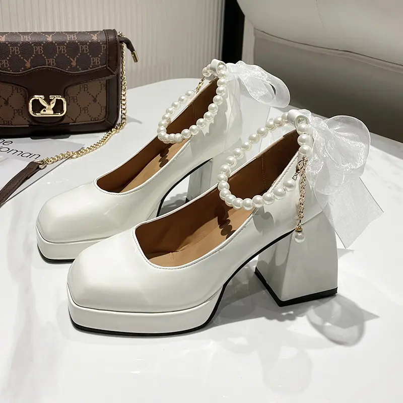 Sepatu Chunky High Heels Tahu Tinggi 9cm Wanita Tali Kekinian Import Pesta Mewah Murah Premium Kondangan Hitam Putih Terbaru Korea Elegan Glossy Wedding Big Size Ankle Strap Mary Jane Shoes - Ukuran 35 36 37 38 39 40 41 42 5