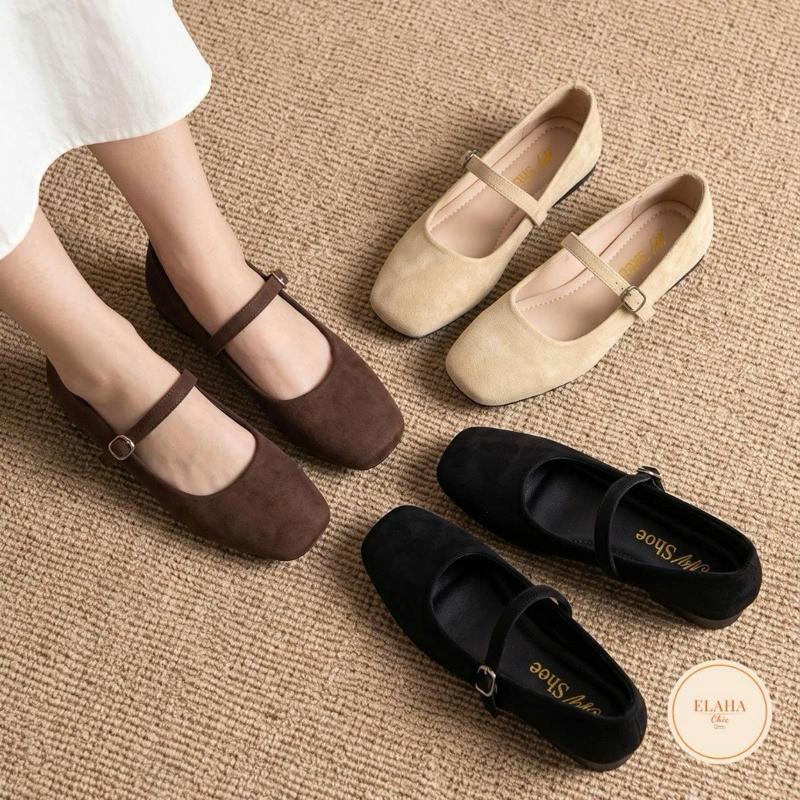 Giày Búp Bê Mary Jane Nữ Mũi Vuông Quai Ngang Da Lộn Phong Cách Vintage Hàn…