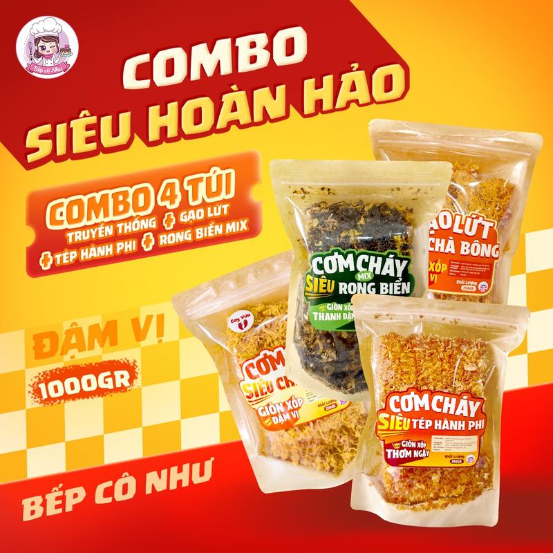  Combo hoàn hảo Cơm cháy Siêu chà bông giòn rụm - 4 túi 250g | Đồ ăn vặt Bếp Cô Như | Snack Food 