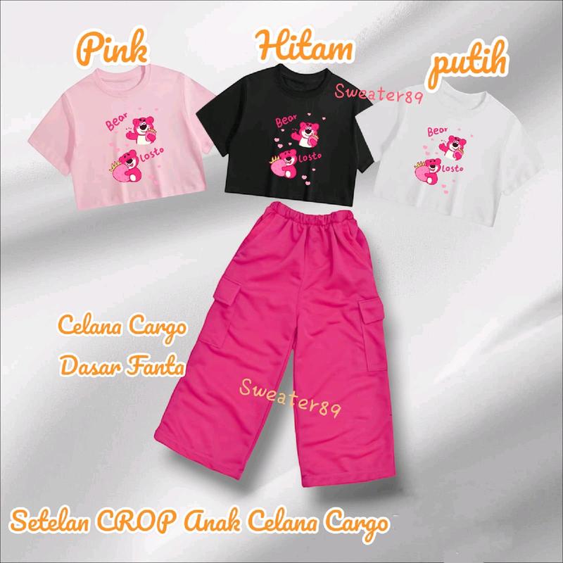 Setelan Anak Umur 5-12 Tahun Kaos CROP Dan Celana Cargo BEAR LOTSO Baju Perempuan Fashion 3