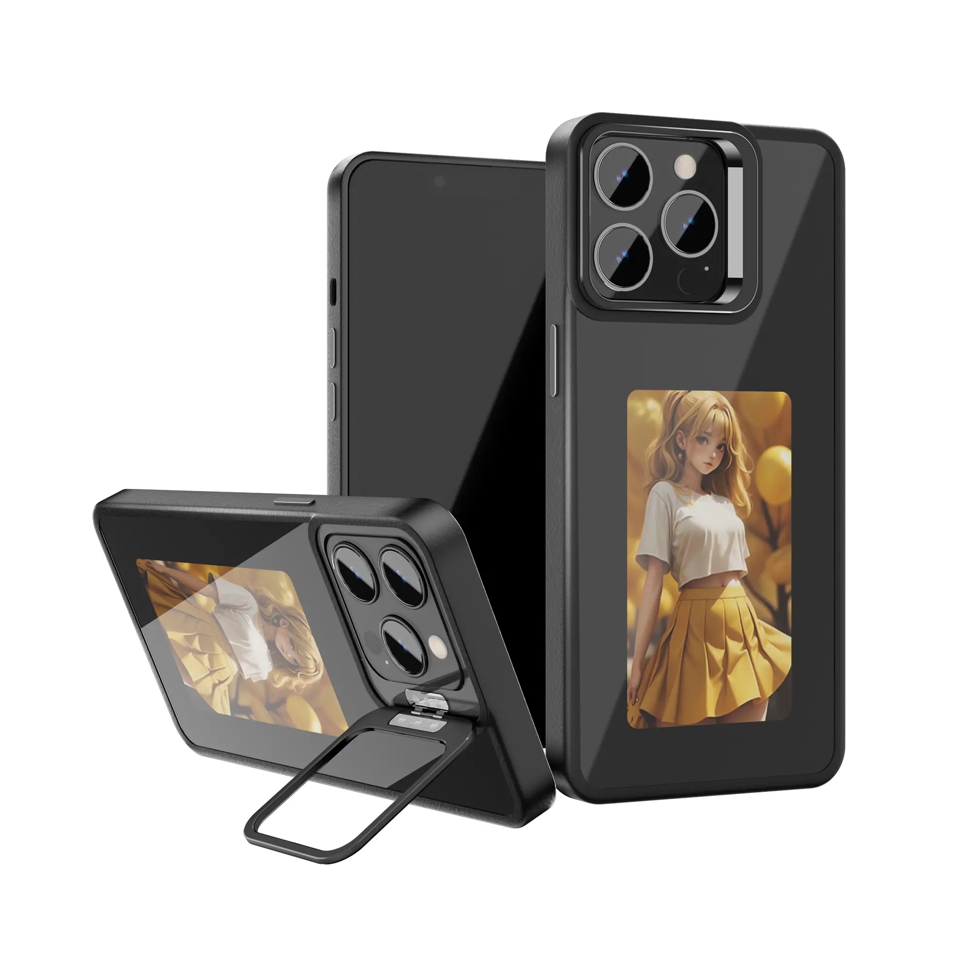 NEW Update With Stand 4 colors Eink Screen Smart Ink Back Cover Screen Display NFC Application Reference iPhone Casing 15 14 13 12 Pro Max DIY  custom  phone case Leather Holder Accessories Protection Cellphone