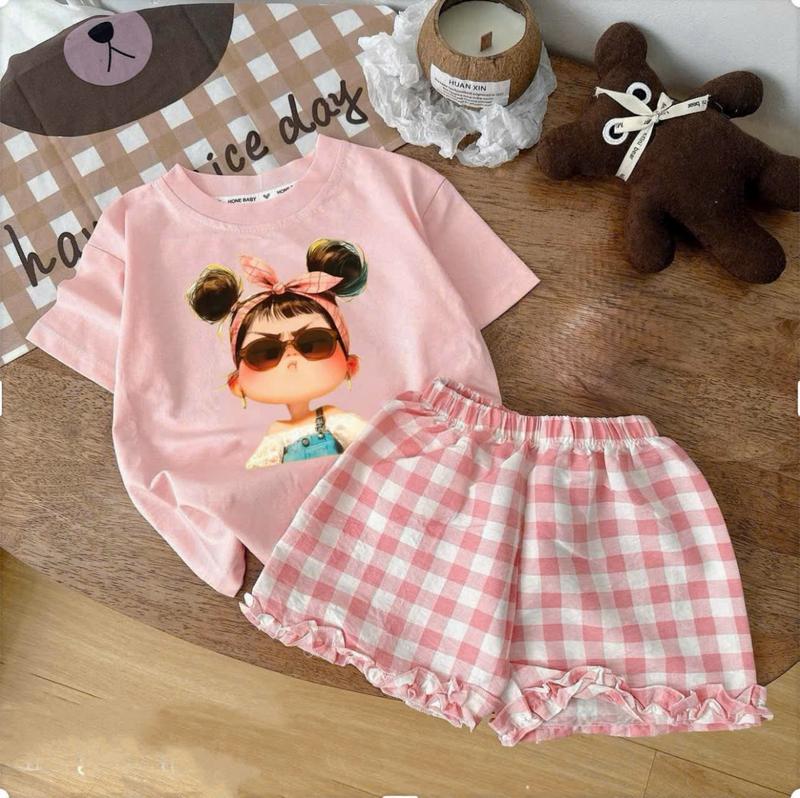 COMBO 3 BỘ QUẦN ÁO THUN LẠNH HÌNH CÔ GÁI QUẦN CARO VIỀN BÈO CHO BÉ GÁI Vải thun lạnh mát mịn size 8-45kg co giãn tốt thấm hút tốt cho bé gái