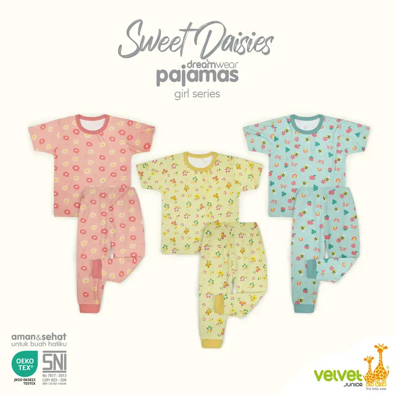 Velvet Junior Piyama Pendek Panjang Anak Perempuan DreamWear Girl - 3 STEL - Busy Bees, Sweet Daisies, Honeydwe 1