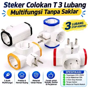 Steker Colokan T 3 Lubang Multifungsi Tanpa Saklar 3 Arah Praktis Hemat Ruang Tahan Panas Cocok Rumah Kantor Perjalanan