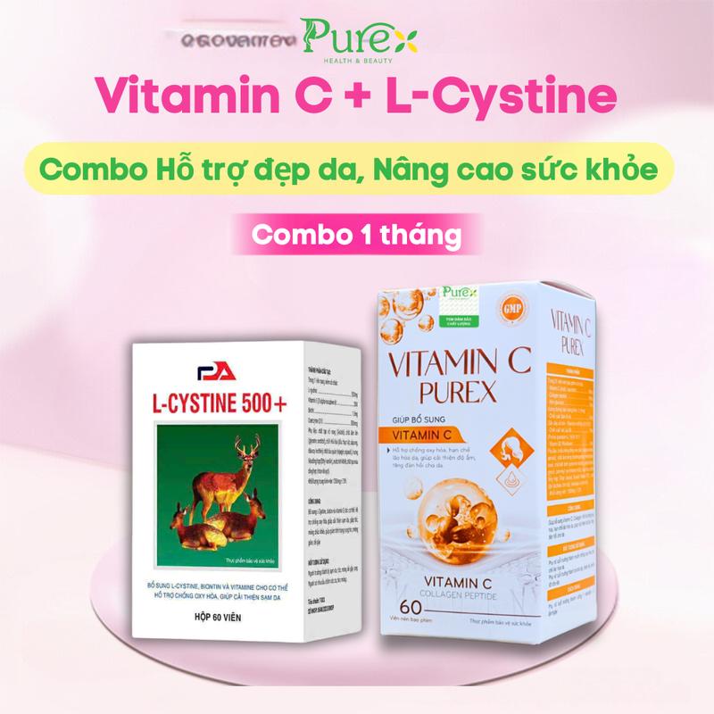 Combo Viên uống L cystine Vitamin C Purex có thêm Collagen, Kẽm, Sâm Tố Nữ cho người da tối, da ngăm, không đều màu, nám, tàn nhan, da mụn, tóc yếu gãy rụng