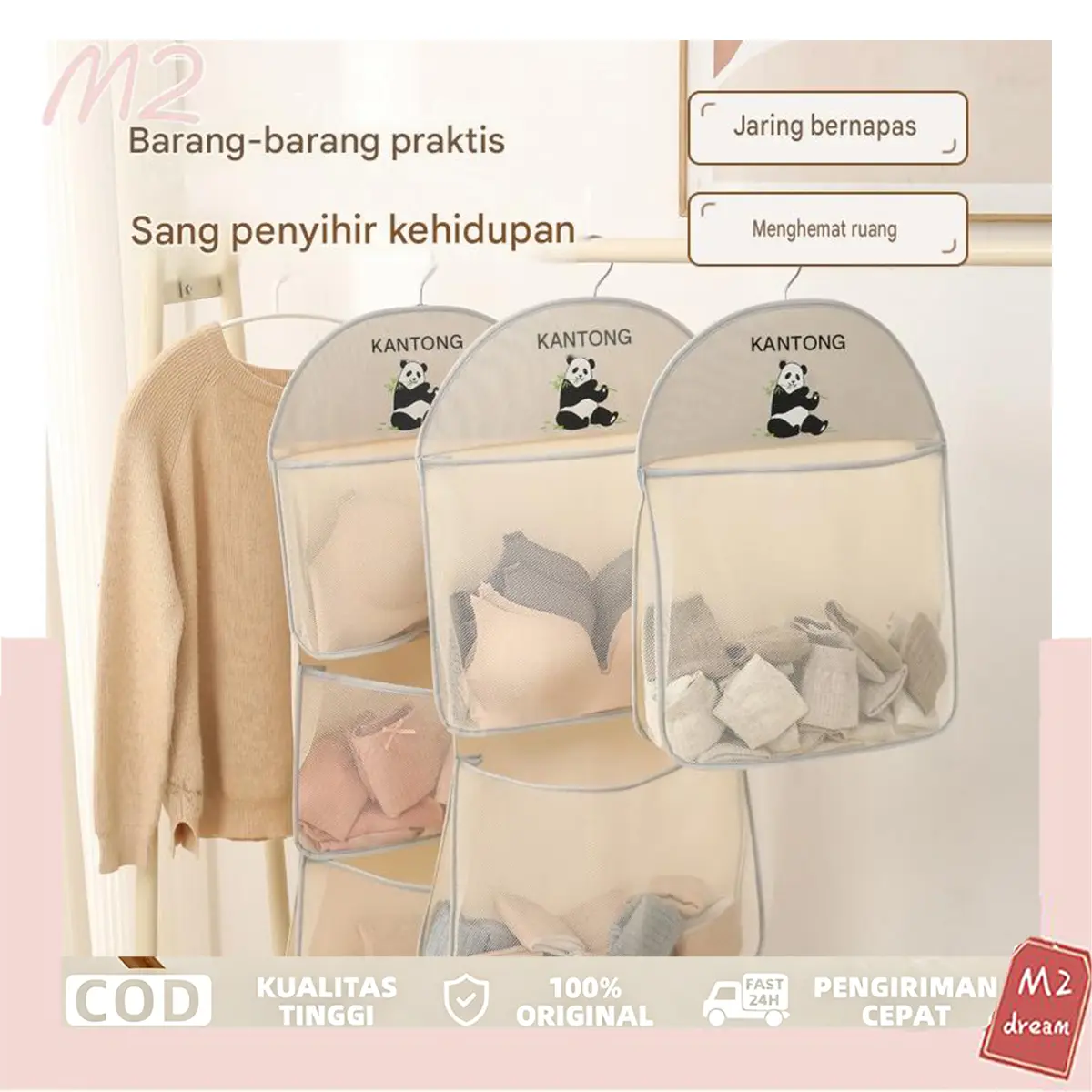 Tas Jaring Gantung Penyimpanan Pakaian & Kaos Kaki Bahan Polyester 3 Ukuran Desain Kapasitas Besar dengan Tali Tangan untuk Hemat Ruang - Kain
