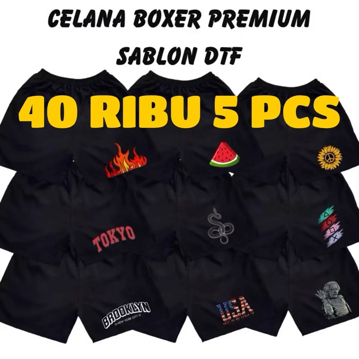 40 Ribu 5 Pcs Celana Boxer Distro Sablon Dtf Celana Pendek Santai Bisa Pria Atau Wanita Melar