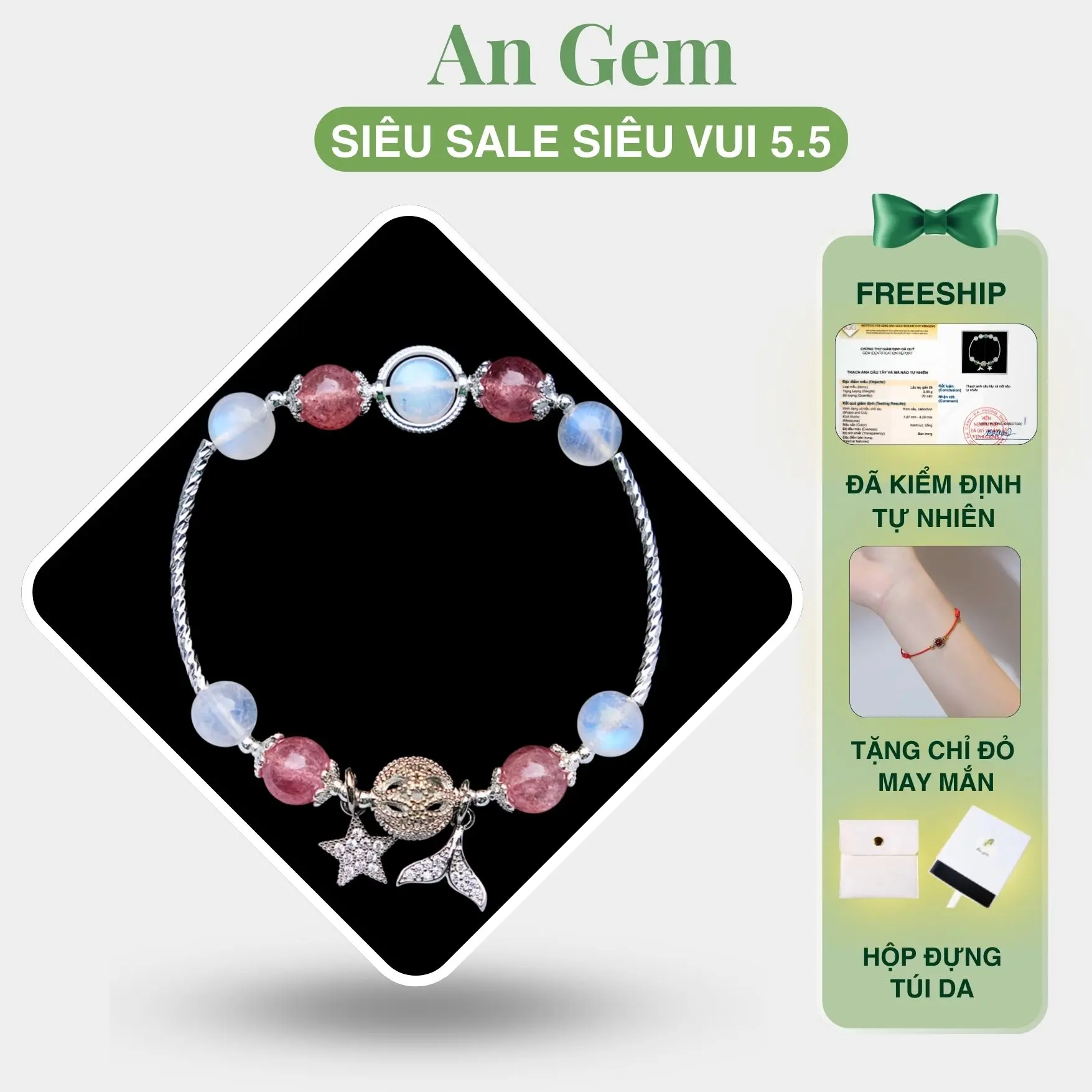 Vòng tay đá mặt trăng (moonstone) mix các loại đá full charm, lắc tay nữ đá tự nhiên phụ kiện đeo tay tinh tế  Bracelet quà tặng sinh nhật giáng sinh Noel Tết Valentine [TẶNG VÒNG CHỈ ĐỎ]