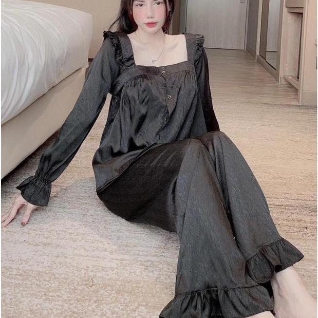 Đồ Bộ Ngủ JUSOKA Pijama Nữ Mặc Nhà Lụa Gấm Xước Tay Dài Tiểu Thư Dễ Thương - Mặc Ở Nhà, Đi Ngủ - Cao Cấp, Thoải Mái, Sang Trọng