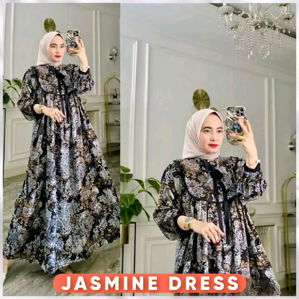 jasmine Lebaran Mewah Rayon dres, gamis terbaru anggun mewah motif elegan ld 115 pb 135 Muslim Dewasa Syari Remaja Wanita Ibu Pesta