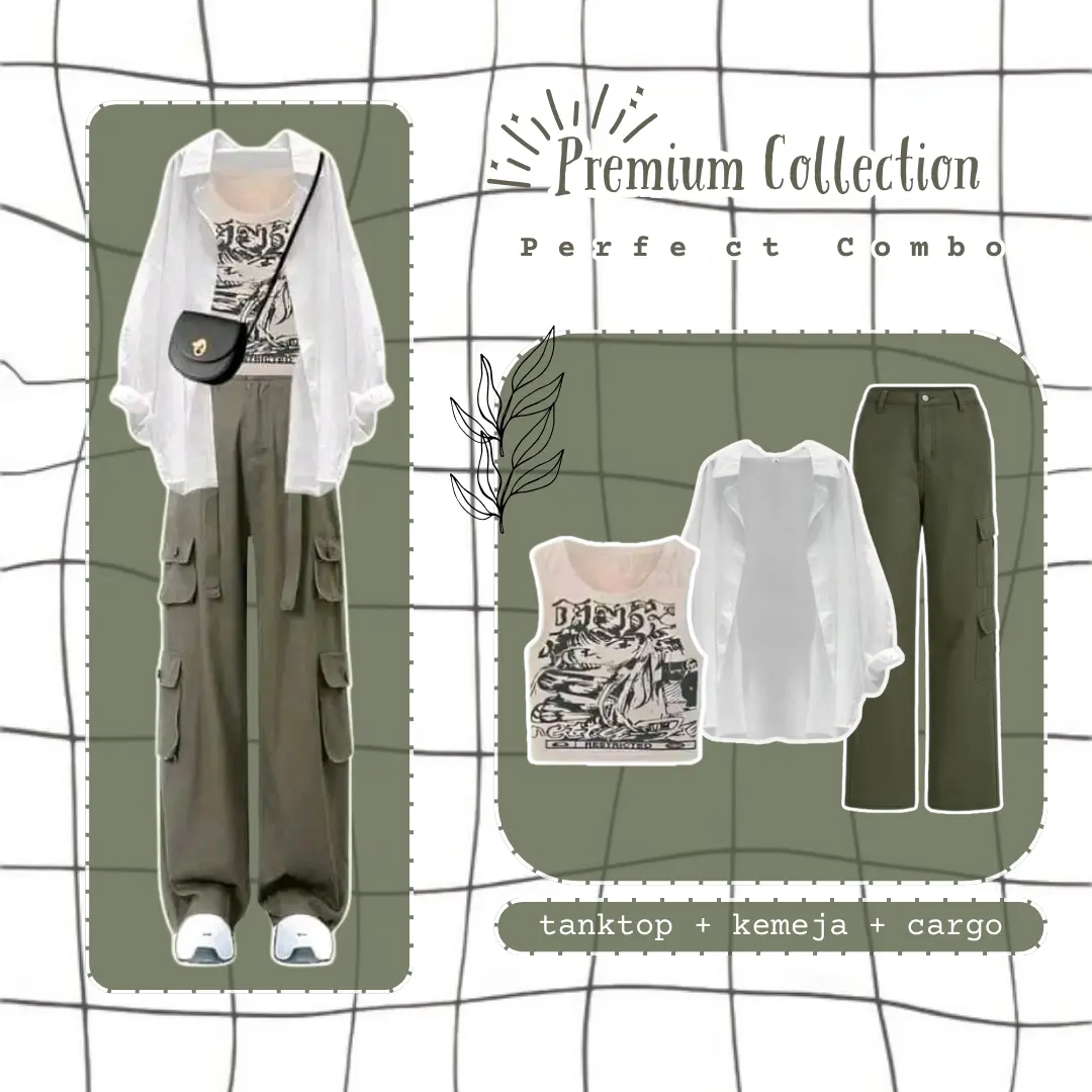 One Set Wanita Kekinian Tanktop Kaos Crop Top + Kemeja Putih + Celana Crago Army LR25