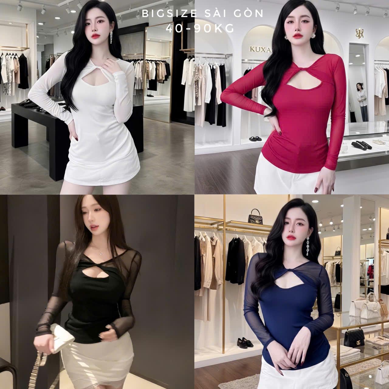 Áo Thun Tay Dài Thu Đông Vải Thun RuBy Phối Lưới Xoắn Ngực Dày Dặn Thanh Lịch Cho Nàng 45-85Kg Dễ Thương Nữ Women Top Nhung - B.1727