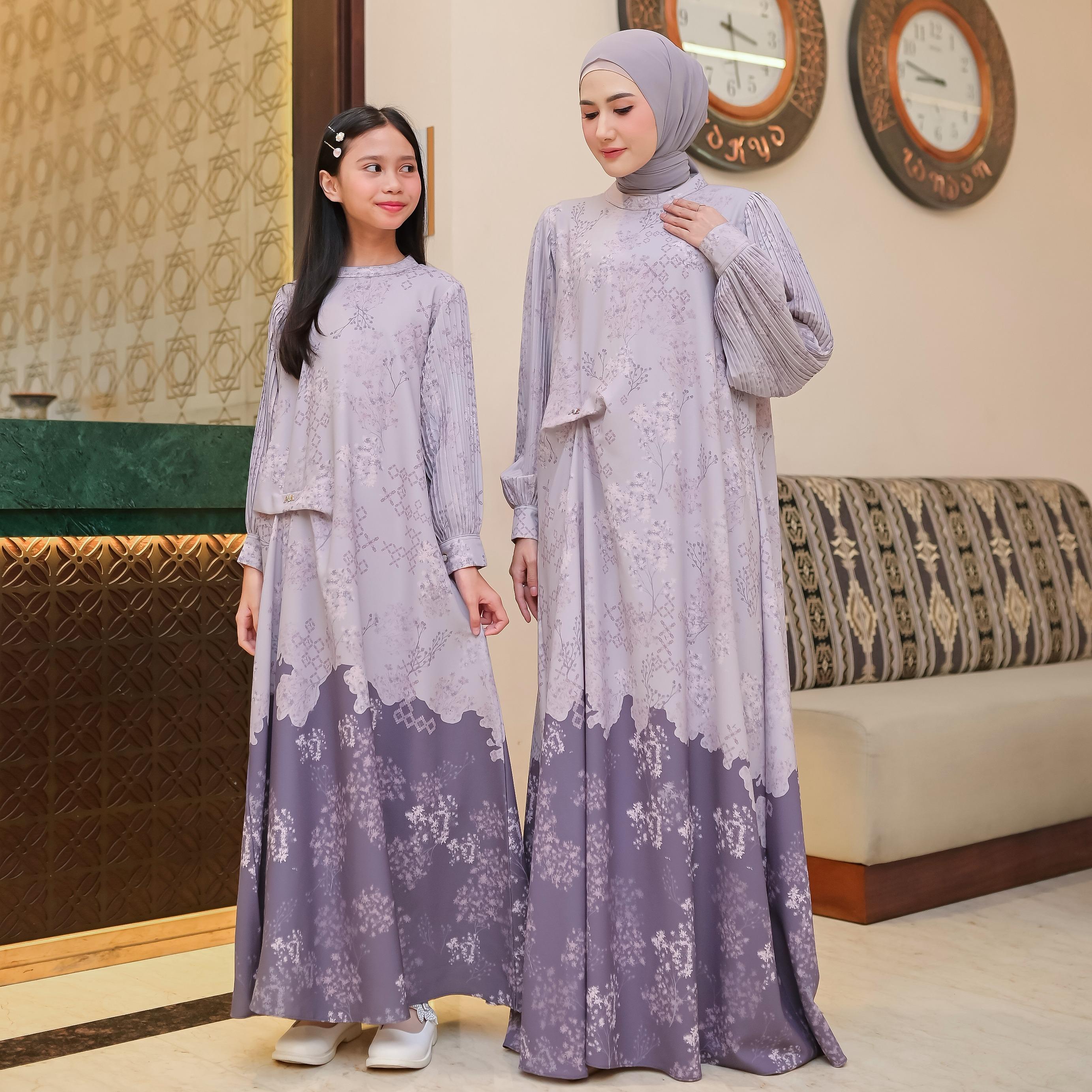 Aisyalina Id Couple Mom and Kids Arissa Dress Series Tanpa Hijab Bahan Katun Tunica Dress Gamis Wanita Ibu Anak Printing Plisket