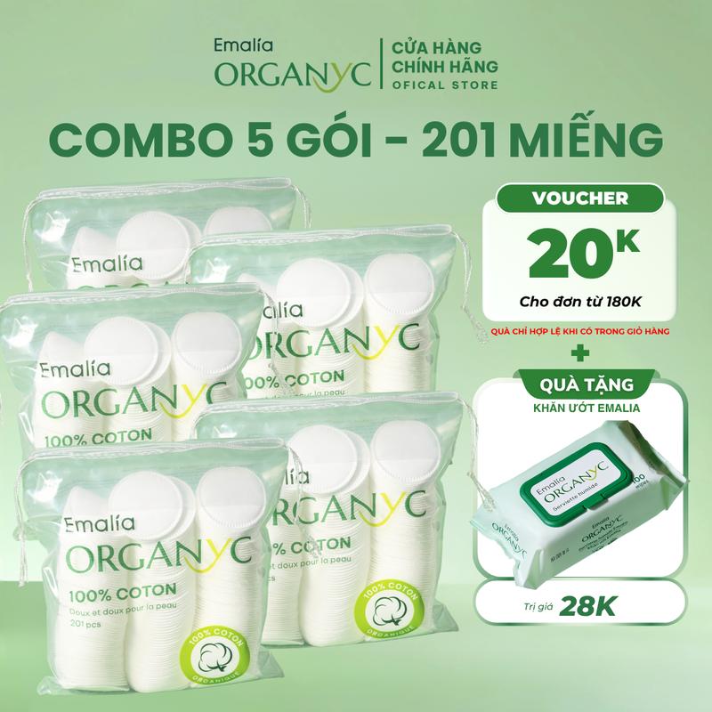 [Combo 5 Bịch - 1005 Miếng] Bông tẩy trang Emalia Organyc 1 Bịch 201 miếng cotton tự nhiên, An toàn với mọi loại da CB5
