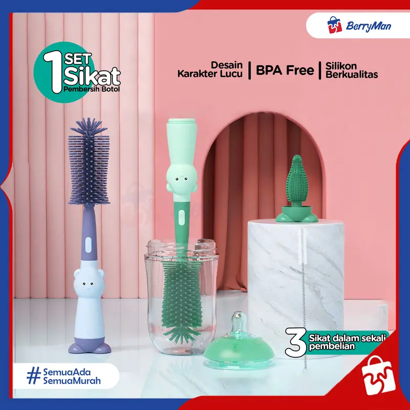 Sikat Pembersih Botol Susu Bayi Silikon 3 In 1 Karakter Lucu Serbaguna BPA Free Bottle Brush Peralatan Balita 0