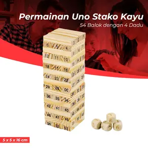 Permainan Uno Stacko Kayu 54 Balok Dengan 4 Dadu