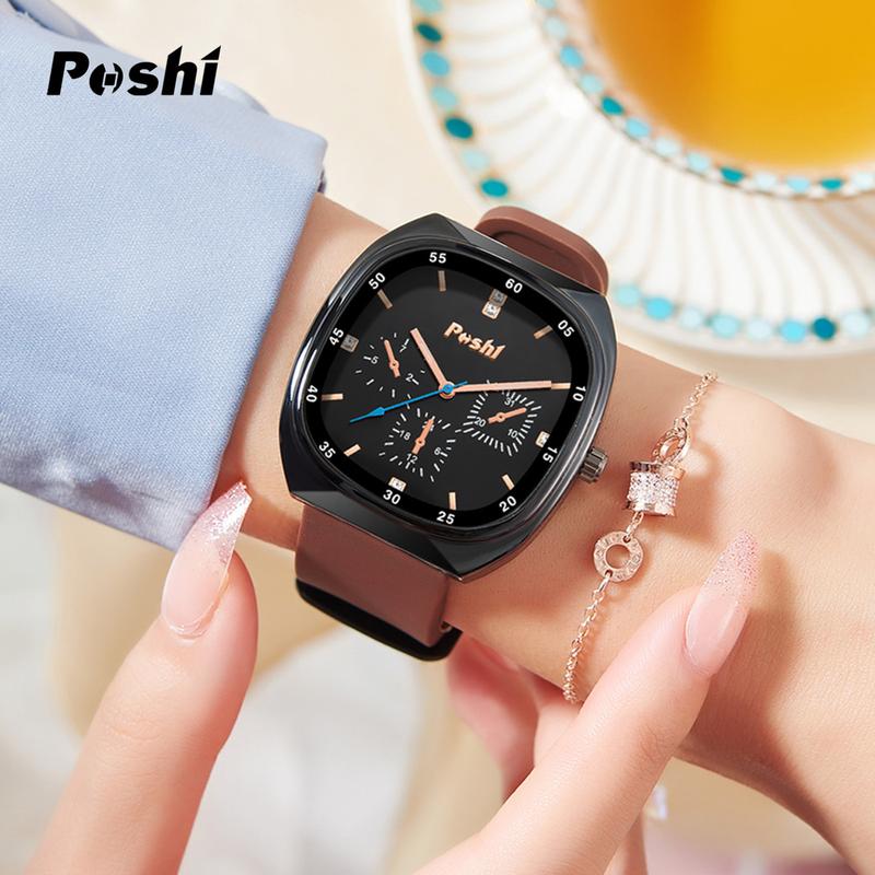 Đồng Hồ Nữ, POSHI Chính Hãng Mới, Dây Đeo Silicon, Phong Trào Thạch Anh Vuông Hàn Quốc, Không Thấm Nước, Mặt Số Lớn, Thời Trang Đeo Tay Watch Women